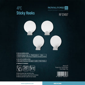 Royalford RF12497 4PC Stainless Steel Sticky Hooks | Self Adhesive Wall Hooks | Strong Hold | Multipurpose Organizer for Kitchen,  Bathroom,  Home and  Office Use