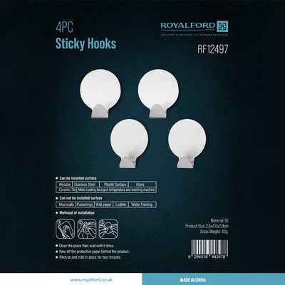 Royalford RF12497 4PC Stainless Steel Sticky Hooks | Self Adhesive Wall Hooks | Strong Hold | Multipurpose Organizer for Kitchen,  Bathroom,  Home and  Office Use