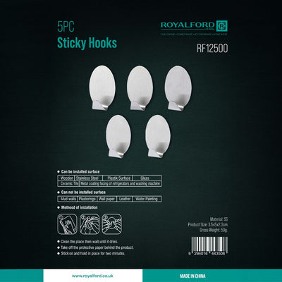 Royalford RF12500 5PC Stainless Steel Sticky Hooks | Self Adhesive Wall Hooks | Strong Hold Perfect for Kitchen, Bathroom & Office Use | Multi-Surface Compatibility