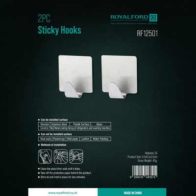 Royalford RF12501 2PC Stainless Steel Sticky Hooks | Self Adhesive Wall Hooks | Durable Strong Hold Multipurpose Organizer for Kitchen, Bathroom, Home and Office Use