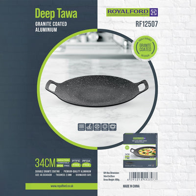 Royalford RF12507 Deep Tawa | 34cm size | Granite Coated Aluminium Induction Compatible Flat Tawa | Dual Handles| PFOA & PTFE Free Durable Cookware for Healthy Cooking