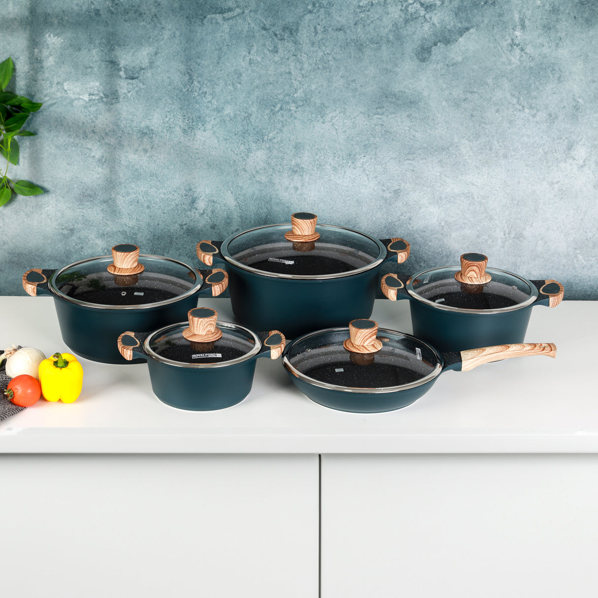 RoyalFord RoyalEmerald 10-Piece Granite Coated Die-Cast Cookware Set – Induction Compatible, Non-Stick, Dishwasher Safe