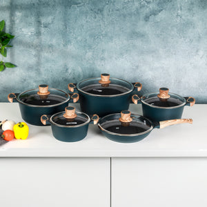 RoyalFord RoyalEmerald 10-Piece Granite Coated Die-Cast Cookware Set – Induction Compatible, Non-Stick, Dishwasher Safe