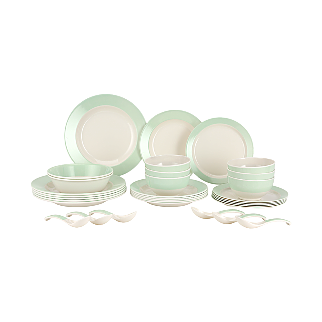 Royalford RF12511 Melamine Dinner Set 32PC offers durable| lightweight and break resistant tableware| top rack dishwasher safe and freezer safe, perfect for everyday family dining.