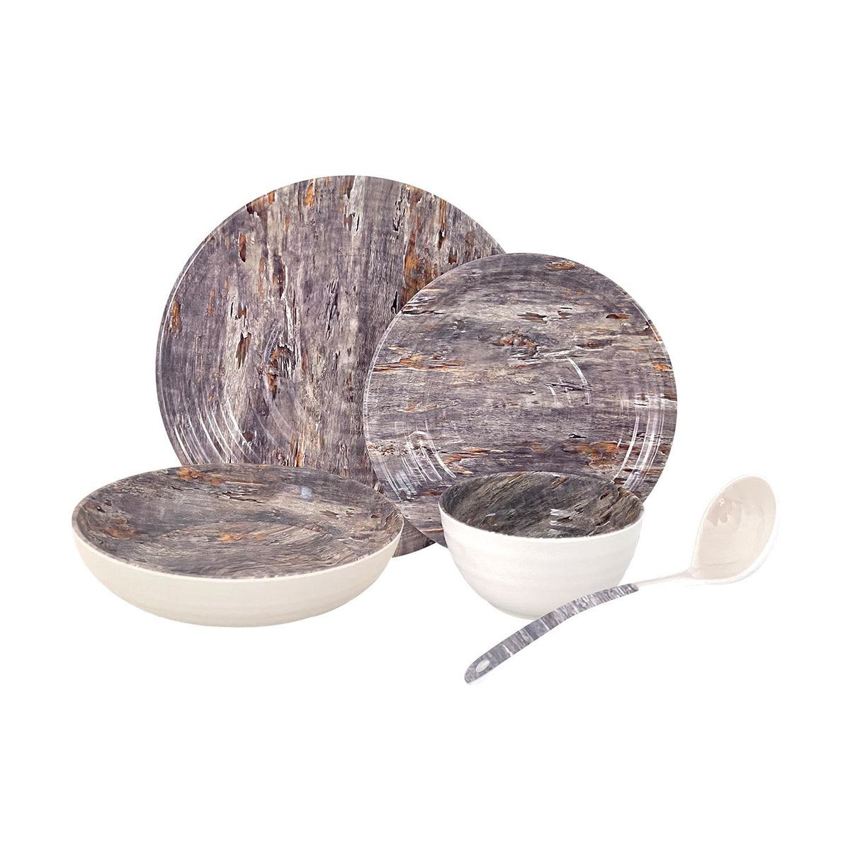 Royalford RF12513 Melamine Ware Dinner Set includes 20 durable pieces with plates | bowls & ladle, featuring break resistant melamine, dishwasher safe design for dining.
