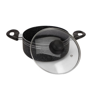 Royalford RF12514 Ritz Plus 9 PCS Induction Base Cookware Set | Marble Coated Non Stick Aluminium Pots Pans | Glass Lids Bamboo Tools for Gas, Ceramic & Halogen Use
