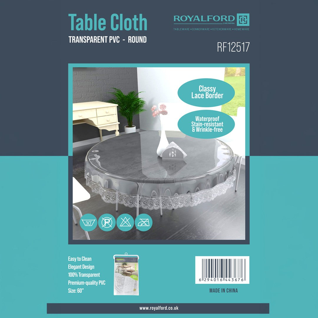 Royalford RF12517 60” Round Transparent PVC Table Cloth | Elegant Lace Border | Waterproof, Stain & Wrinkle Resistant Table Cover | Perfect for Dining & Kitchen Tables