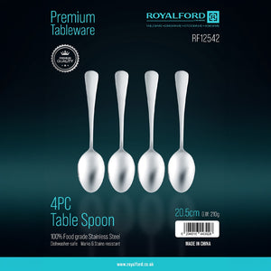 Royalford RF12542 Table Spoon Set 4PCS| made of food-grade stainless steel, durable & stain-resistant| dishwasher-safe with polished finish, ideal for daily use|