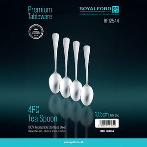 Royalford RF12544 4PC Stainless Steel Tea Spoon Set | 13.5cm Size | Food Grade | Dishwasher Safe Teaspoons for Tea, Coffee &  Dessert | Rust Resistant & Mirror Finish