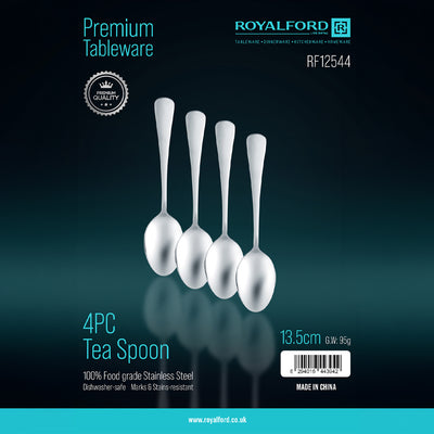 Royalford RF12544 4PC Stainless Steel Tea Spoon Set | 13.5cm Size | Food Grade | Dishwasher Safe Teaspoons for Tea, Coffee &  Dessert | Rust Resistant & Mirror Finish