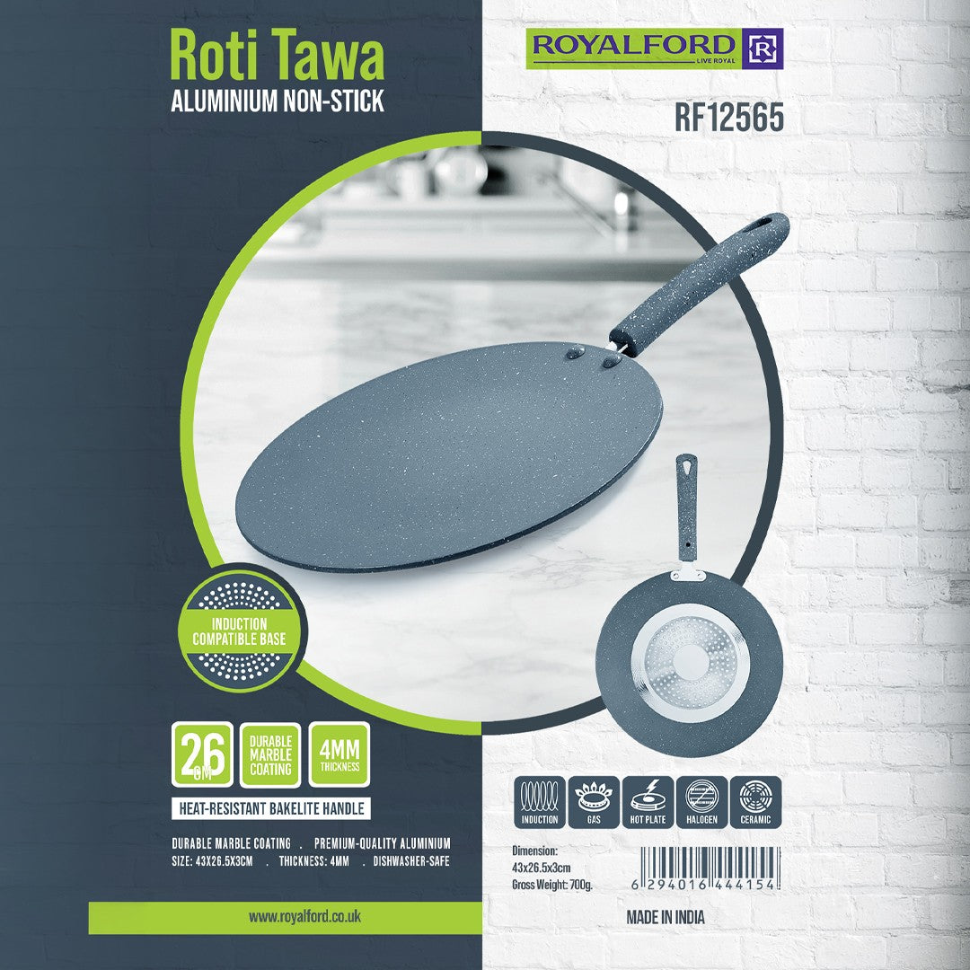 Royalford RF12565 26cm Aluminium Non-Stick Roti Tawa | 4mm Thick Base | Marble Coated Induction Compatible Flat Tawa | Heat-Resistant Bakelite Handle | Lightweight Design