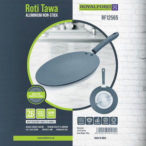Royalford RF12565 26cm Aluminium Non-Stick Roti Tawa | 4mm Thick Base | Marble Coated Induction Compatible Flat Tawa | Heat-Resistant Bakelite Handle | Lightweight Design