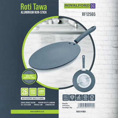 Royalford RF12565 26cm Aluminium Non-Stick Roti Tawa | 4mm Thick Base | Marble Coated Induction Compatible Flat Tawa | Heat-Resistant Bakelite Handle | Lightweight Design