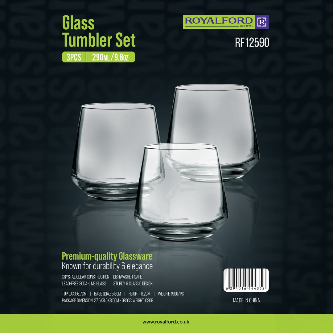 Royalford RF12590 glass tumbler set| includes 3PCS 290ML clear glasses & durable lead-free soda lime glass| dishwasher safe, ideal for water, juice & everyday home use|