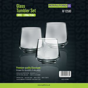 Royalford RF12590 glass tumbler set| includes 3PCS 290ML clear glasses & durable lead-free soda lime glass| dishwasher safe, ideal for water, juice & everyday home use|