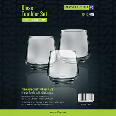 Royalford RF12590 glass tumbler set| includes 3PCS 290ML clear glasses & durable lead-free soda lime glass| dishwasher safe, ideal for water, juice & everyday home use|