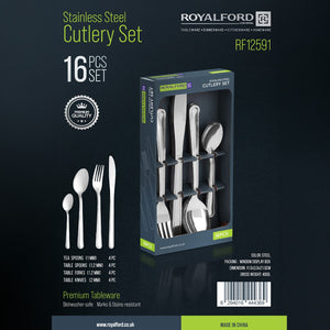 Royalford RF12591 Stainless Steel Cutlery Set |  16PCS Premium Flatware Set with Table Spoons, Tea Spoons, Forks and Knives | Dishwasher Safe & Rust Resistant Tableware