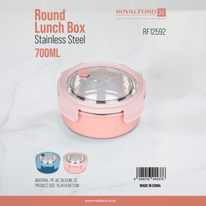 Royalford RF12592 700ML Round Stainless Steel Lunch Box | Leak-Resistant  | Secure Locking Lid | Durable PP & Silicone Seal | Ideal for Office, School & Travel Use