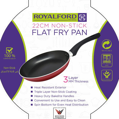 Royalford RF1260FP22 22cm Non-Stick Flat Fry Pan | Triple Layer Coating  | Heat Resistant Exterior| Spin Bottom for Even Heat Distribution| Heavy-Duty Bakelite Handle