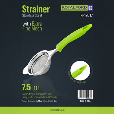 Royalford RF12617 Stainless Steel Strainer 7.5cm| extra fine mesh for precise straining & durable rust-resistant build| ergonomic non-slip handle, dishwasher safe design|