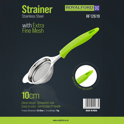 Royalford RF12619 stainless steel strainer 10cm| extra fine mesh, durable & rust-resistant| ergonomic non-slip handle, dishwasher safe, for tea, coffee, juice straining|