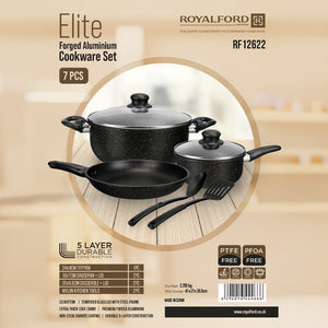 Royalford Elite RF12622 7-Pcs Forged Aluminium Cookware Set | Granite Non-Stick Coating| Glass Lids & Nylon Tools | PTFE & PFOA Free | 5-Layer Durable Construction
