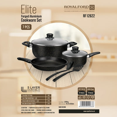 Royalford Elite RF12622 7-Pcs Forged Aluminium Cookware Set | Granite Non-Stick Coating| Glass Lids & Nylon Tools | PTFE & PFOA Free | 5-Layer Durable Construction