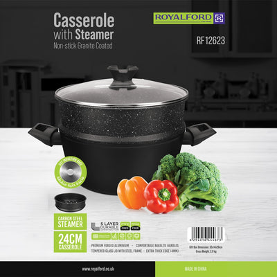 Royalford RF12623 24cm granite casserole with carbon steel steamer | offers 5-layer non-stick coating, induction base, tempered glass lid & bakelite handles for daily use