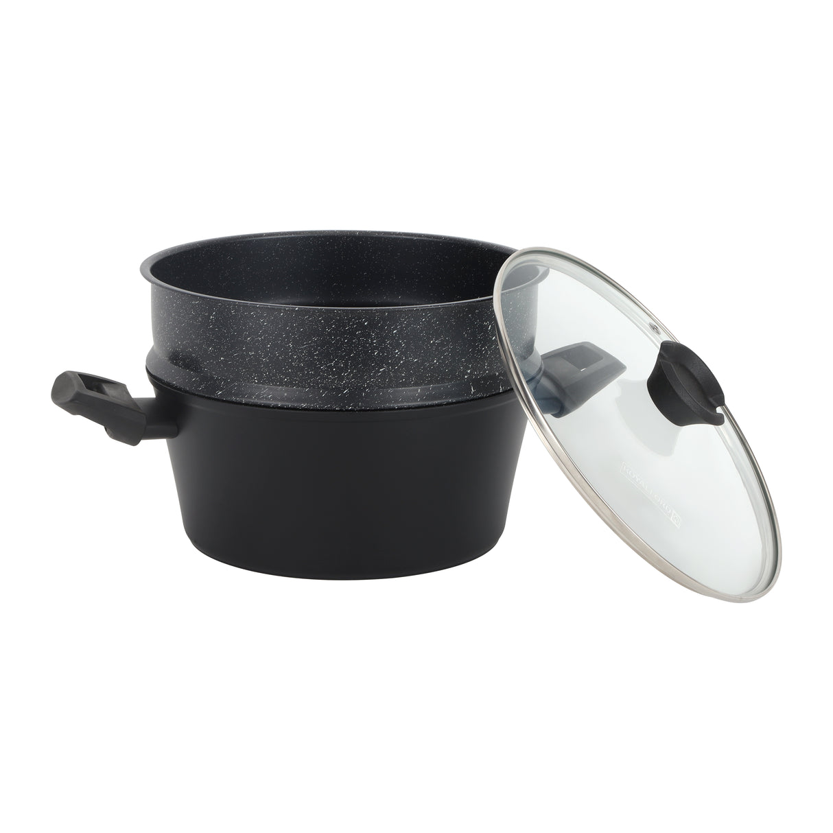 Royalford RF12623 24cm granite casserole with carbon steel steamer | offers 5-layer non-stick coating, induction base, tempered glass lid & bakelite handles for daily use
