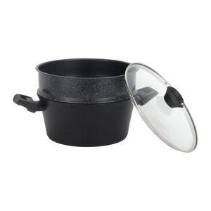 Royalford RF12623 24cm granite casserole with carbon steel steamer | offers 5-layer non-stick coating, induction base, tempered glass lid & bakelite handles for daily use