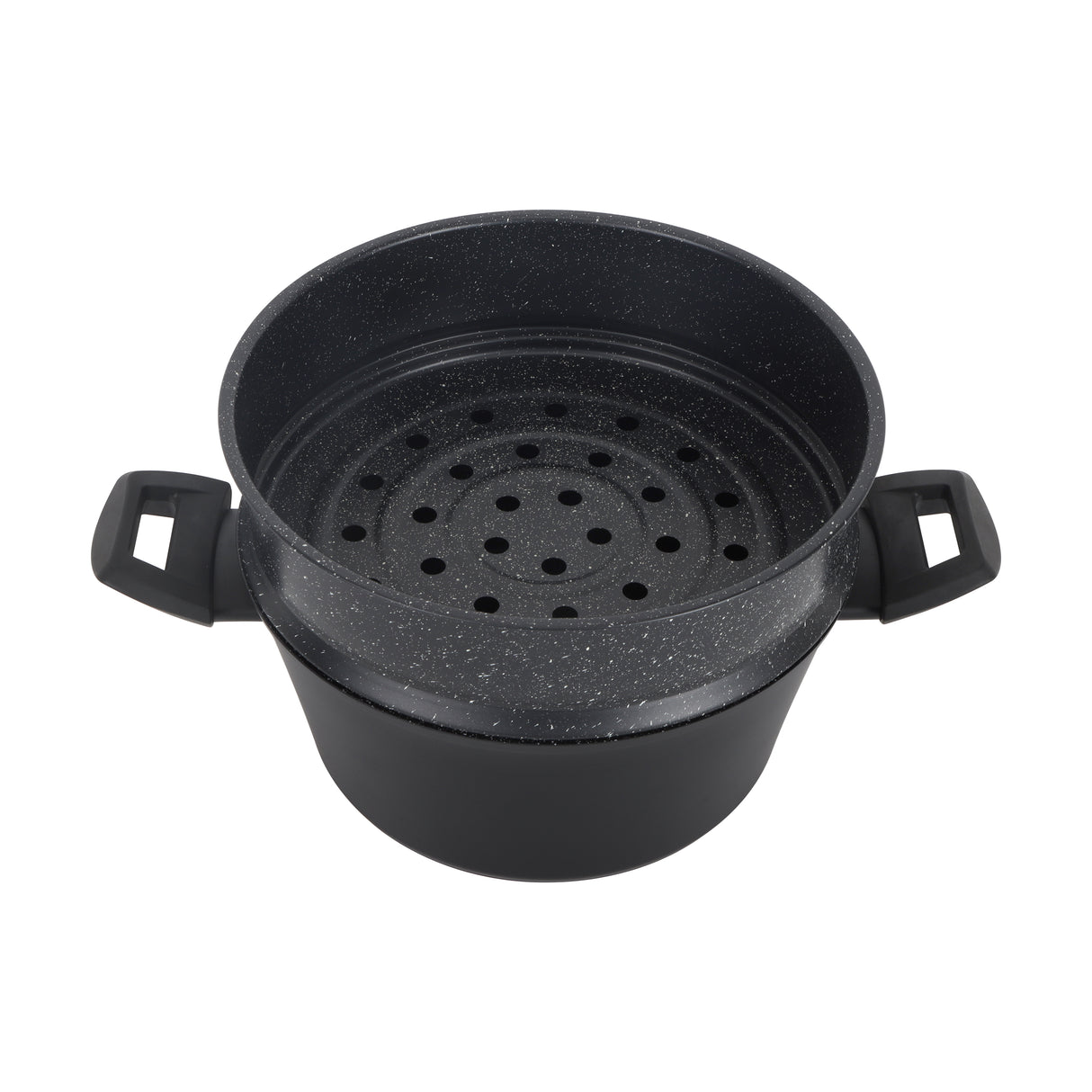 Royalford RF12623 24cm granite casserole with carbon steel steamer | offers 5-layer non-stick coating, induction base, tempered glass lid & bakelite handles for daily use