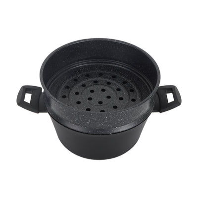 Royalford RF12623 24cm granite casserole with carbon steel steamer | offers 5-layer non-stick coating, induction base, tempered glass lid & bakelite handles for daily use