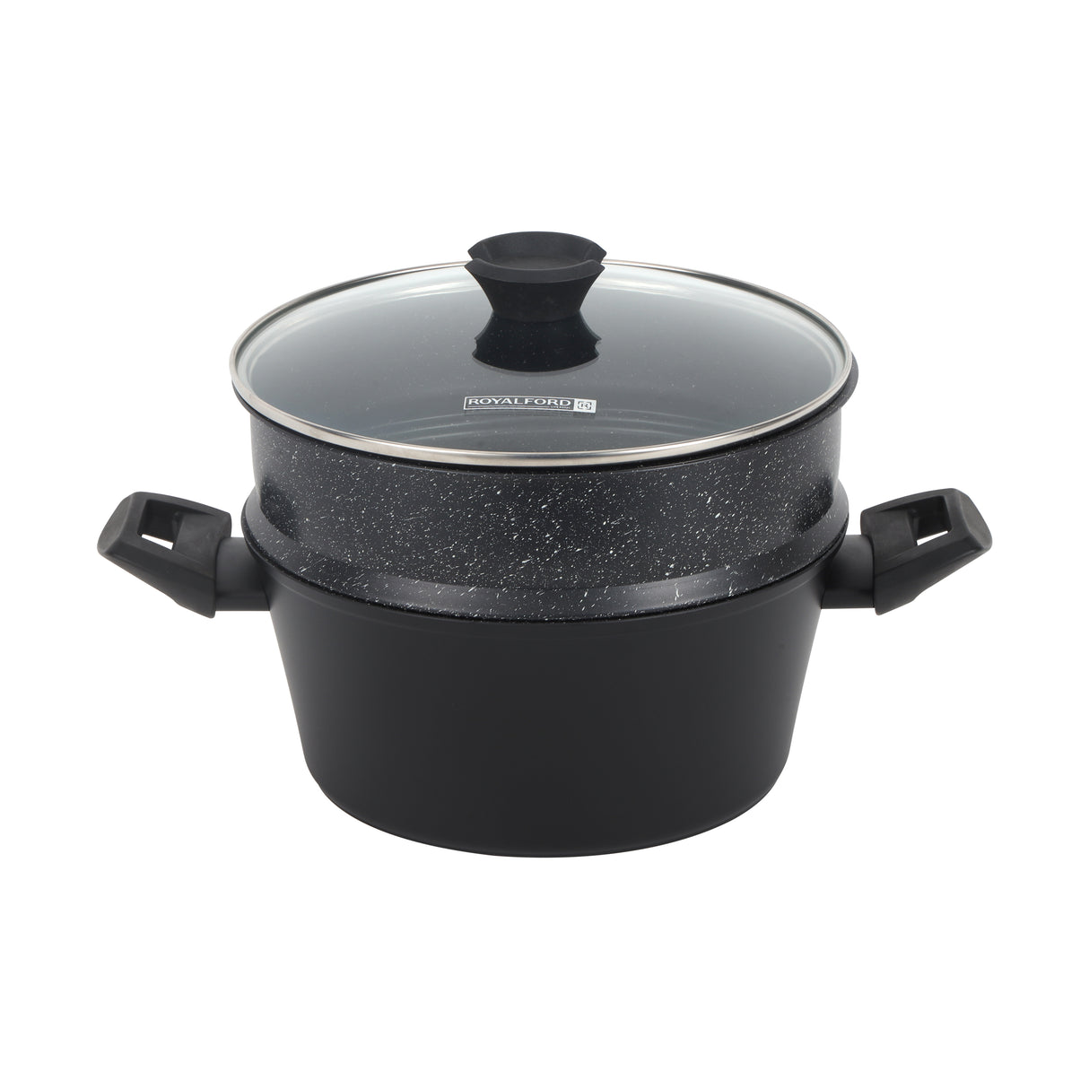 Royalford RF12623 24cm granite casserole with carbon steel steamer | offers 5-layer non-stick coating, induction base, tempered glass lid & bakelite handles for daily use
