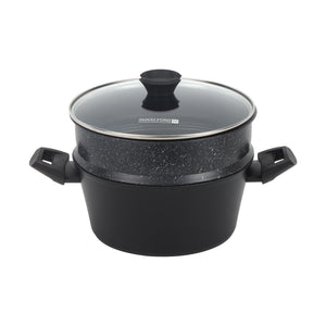 Royalford RF12623 24cm granite casserole with carbon steel steamer | offers 5-layer non-stick coating, induction base, tempered glass lid & bakelite handles for daily use