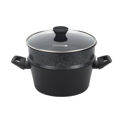 Royalford RF12623 24cm granite casserole with carbon steel steamer | offers 5-layer non-stick coating, induction base, tempered glass lid & bakelite handles for daily use