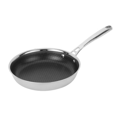 Royalford RF12640 28cm Triply Stainless Steel Frypan | Honeycomb Non-Stick Interior| Induction Compatible Base | Fast Even Heating| Riveted Handle| Mirror Finish Body