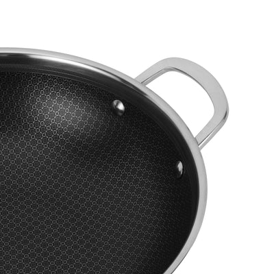 Royalford RF12641 Triply Stainless Steel Wok Pan 28cm with honeycomb non-stick interior | triply body for fast heating, induction base, riveted handles and easy cleaning.