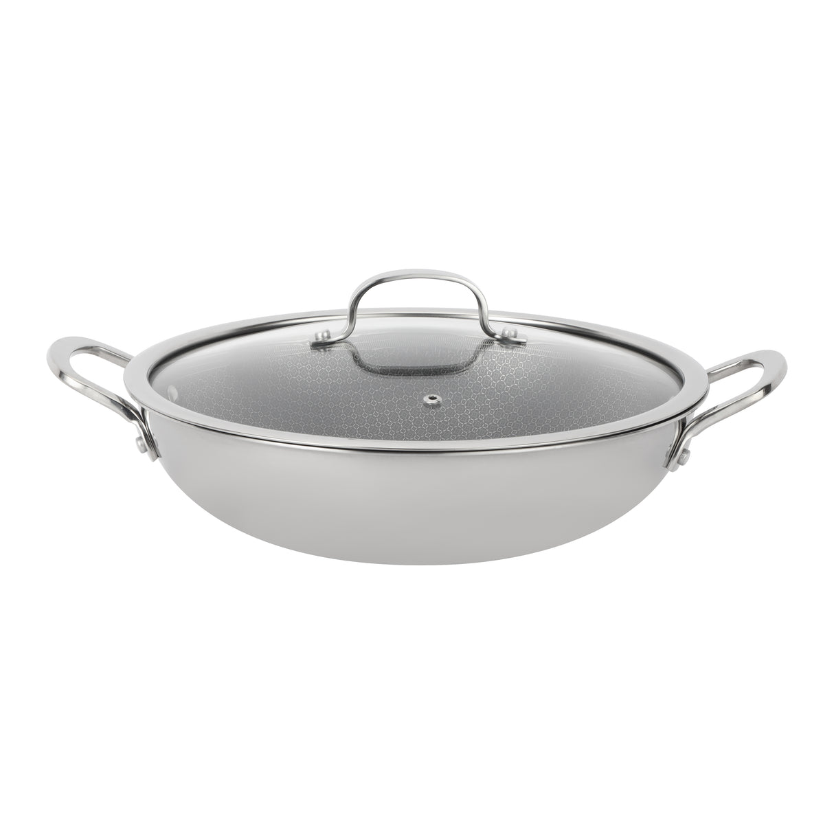 Royalford RF12641 Triply Stainless Steel Wok Pan 28cm with honeycomb non-stick interior | triply body for fast heating, induction base, riveted handles and easy cleaning.