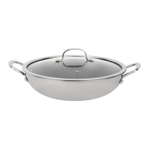 Royalford RF12641 Triply Stainless Steel Wok Pan 28cm with honeycomb non-stick interior | triply body for fast heating, induction base, riveted handles and easy cleaning.