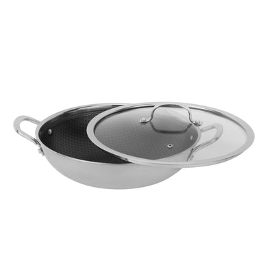 Royalford RF12642 Triply Stainless Steel Wok Pan 30cm | honeycomb non-stick interior offers fast even heating, induction compatibility, tempered glass lid and durable