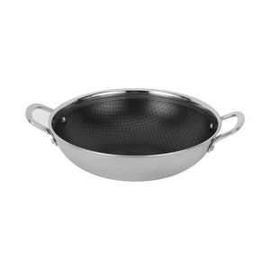 Royalford RF12642 Triply Stainless Steel Wok Pan 30cm | honeycomb non-stick interior offers fast even heating, induction compatibility, tempered glass lid and durable