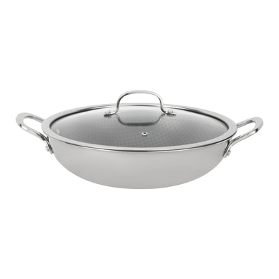 Royalford RF12642 Triply Stainless Steel Wok Pan 30cm | honeycomb non-stick interior offers fast even heating, induction compatibility, tempered glass lid and durable
