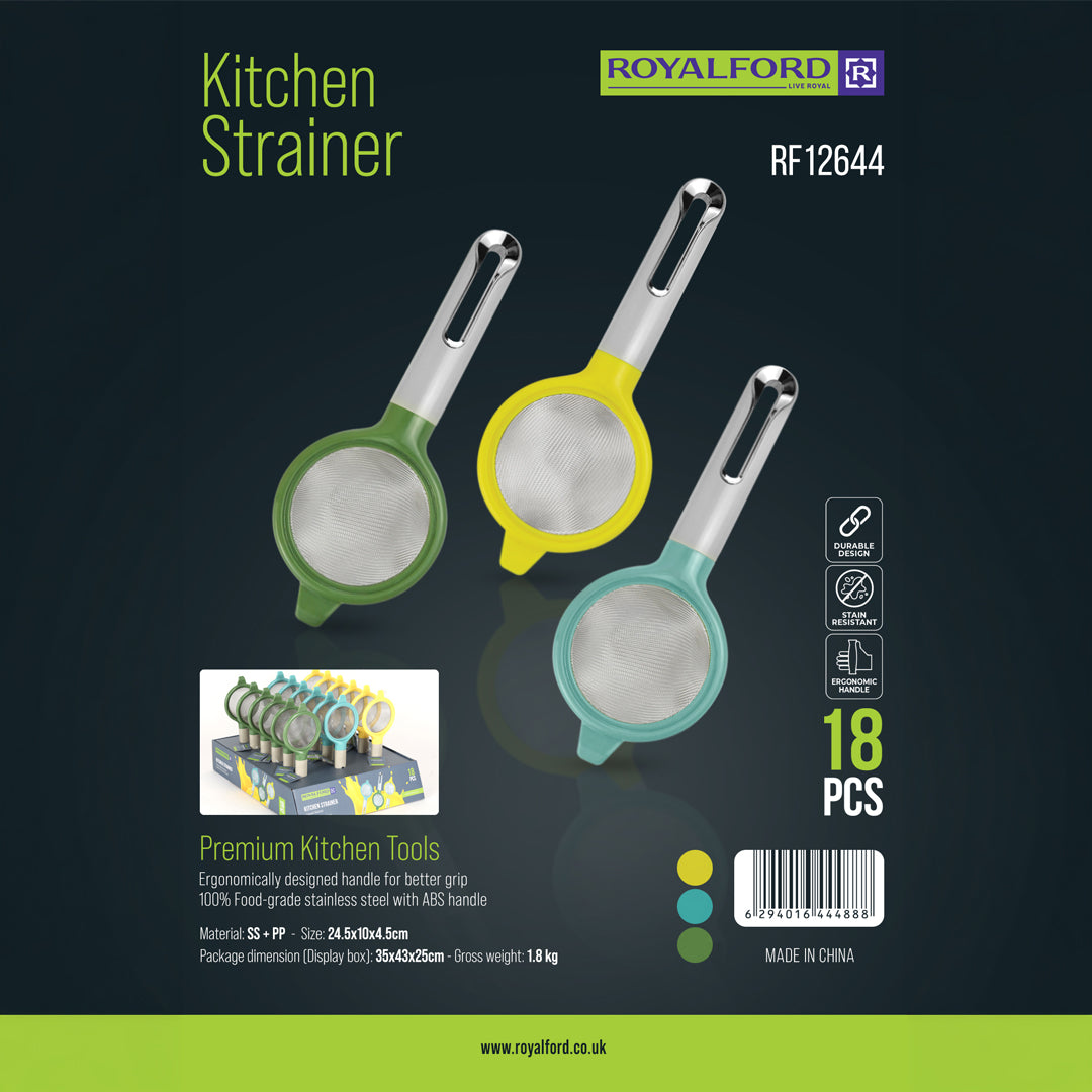 Royalford RF12644 Kitchen Strainer Set 18PCS| fine mesh stainless steel for precise straining & stain-resistant build| ergonomic handles, ideal for tea, juice, and more|
