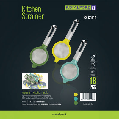 Royalford RF12644 Kitchen Strainer Set 18PCS| fine mesh stainless steel for precise straining & stain-resistant build| ergonomic handles, ideal for tea, juice, and more|