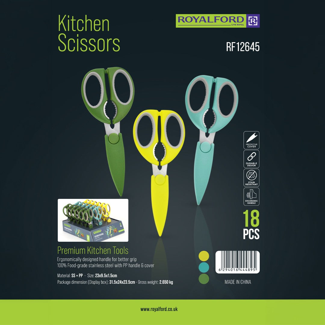 Royalford RF12645 Kitchen Scissors 18PCS set| stainless steel blades & ergonomic PP handles| protective covers, stain-resistant, multi-purpose use for kitchen tasks|