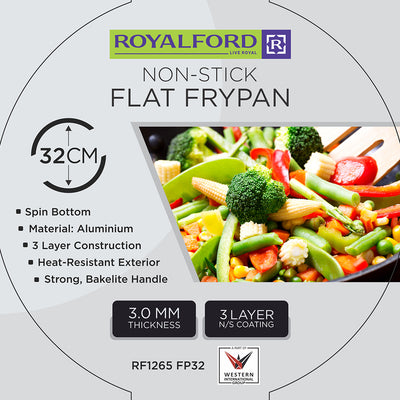 Royalford RF1265FP32 32CM Non Stick Flat Frypan | 3 Layer Coating | Premium Aluminium Body | Strong Bakelite Handle| PTFE PFOA Free | Gas Compatible for Everyday Cooking