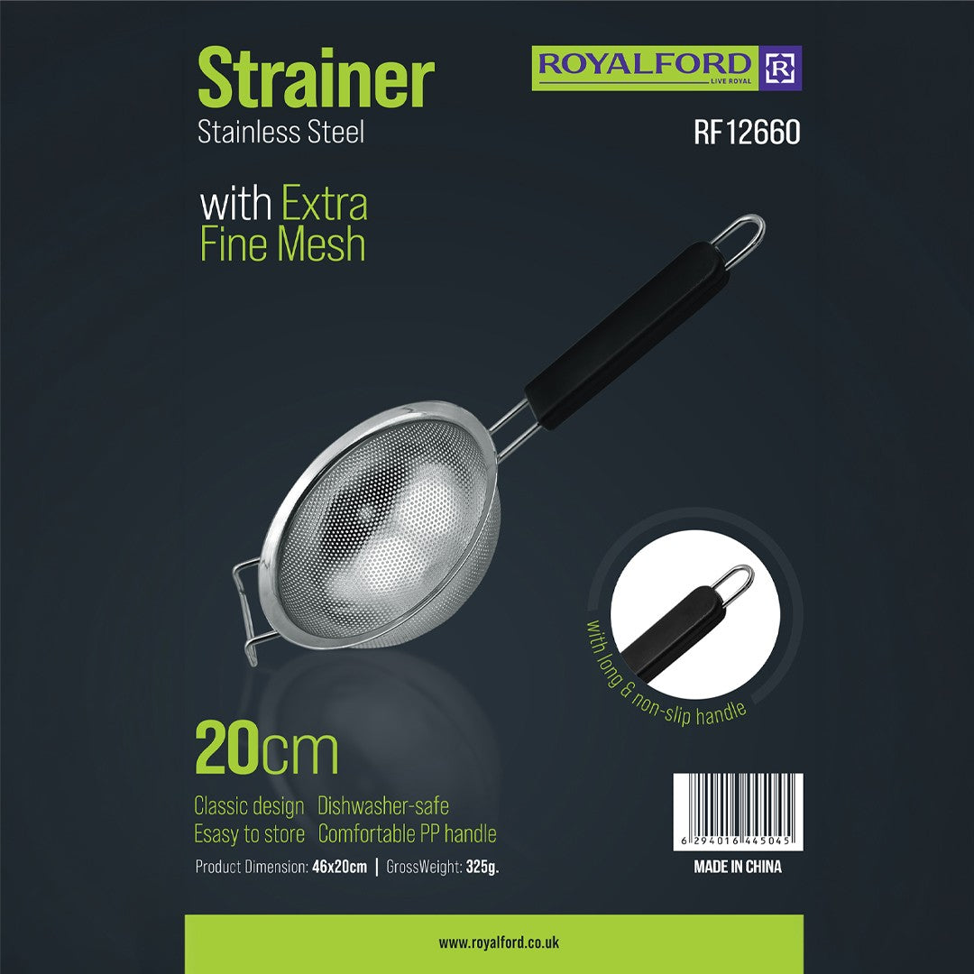 Royalford RF12660 Stainless Steel Strainer | 20cm Extra Fine Mesh Kitchen Strainer | Long Non-Slip PP Handle | Dishwasher Safe Food Strainer for Pasta, Tea & Vegetables