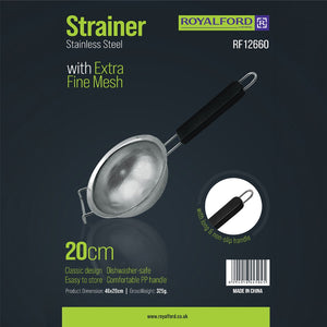 Royalford RF12660 Stainless Steel Strainer | 20cm Extra Fine Mesh Kitchen Strainer | Long Non-Slip PP Handle | Dishwasher Safe Food Strainer for Pasta, Tea & Vegetables