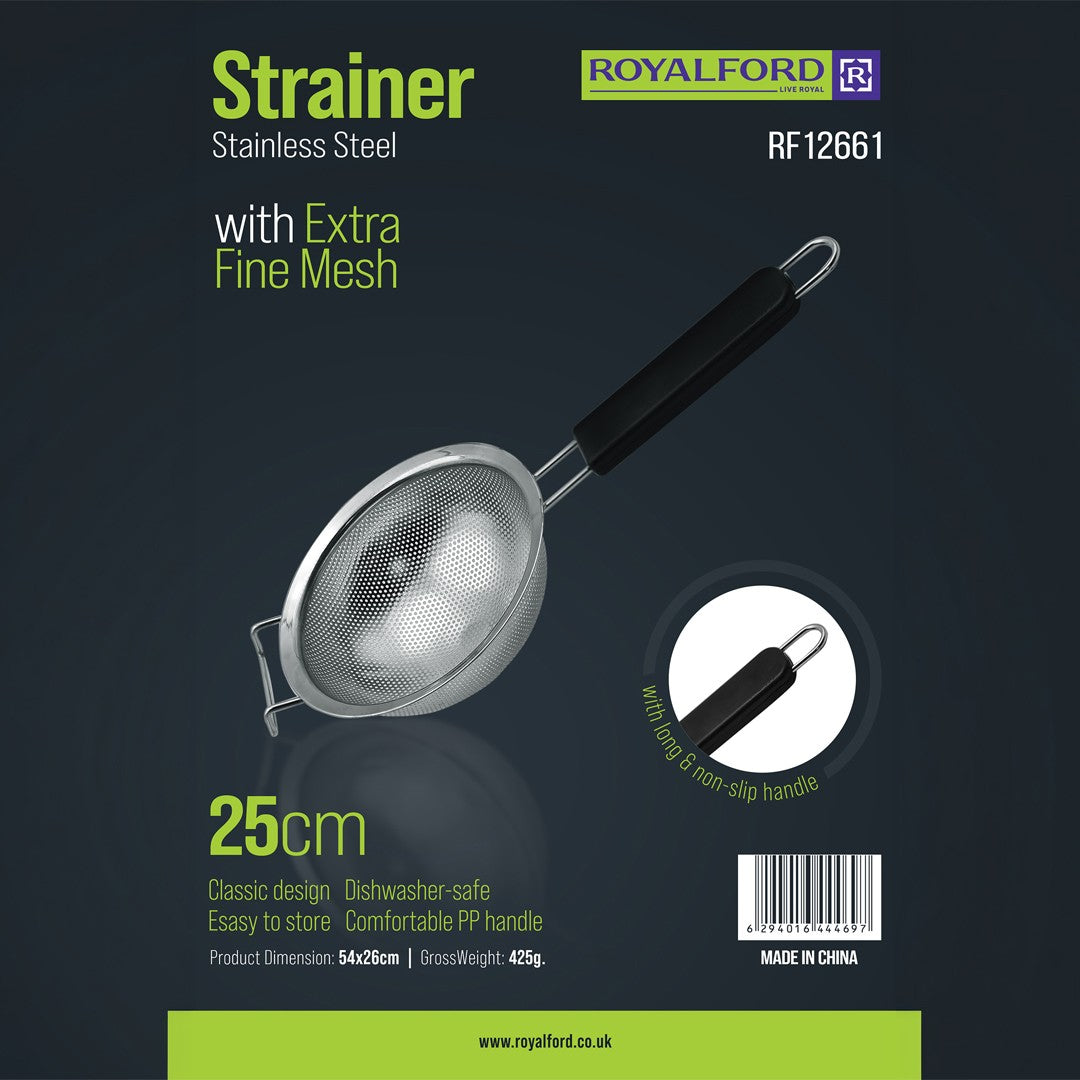 Royalford RF12661 25cm Stainless Steel Strainer with Extra Fine Mesh | Dishwasher Safe Kitchen Sieve | Long Non-Slip PP Handle | Rust-Resistant & Durable Design