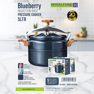 Royalford RF12662 Blueberry 5L Induction Base Pressure Cooker | Ceramic Non-Stick Interior | Extra Thick Three-Ply Base |  Soft Touch Handles & 5 Years Warranty